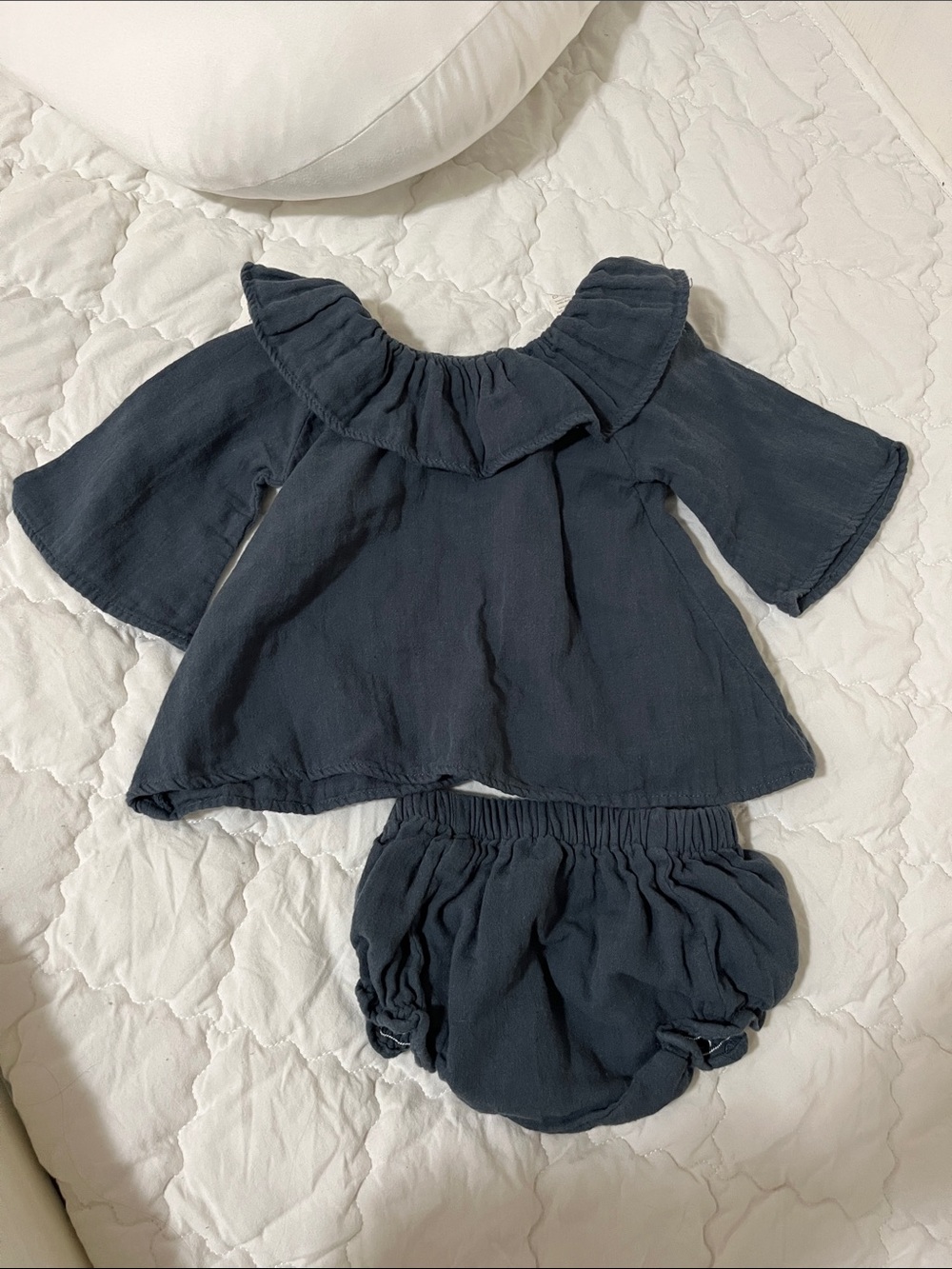 kate quinn Navy Blue Baby Romper with Ruffle Details
